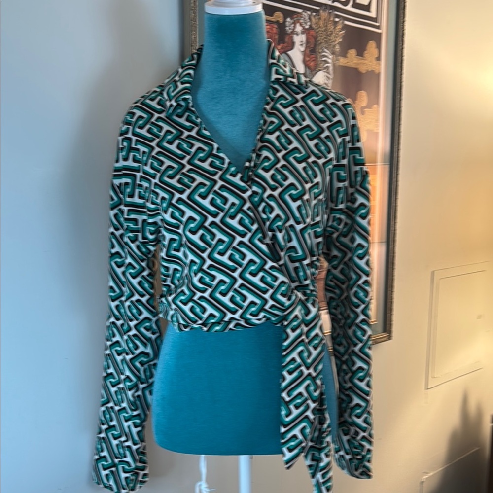Teal, cream and brown wrap blouse.  This is a juniors size large.